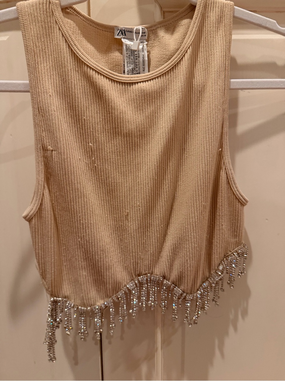 Russ Beige Ribbed Crop Tank with Crystal Fringe